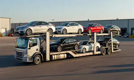 Car transporter loaded with vehicles in New Iberia, Louisiana, United States