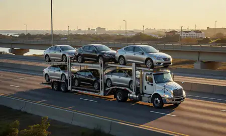 Car transporter with the New Iberia, Louisiana, United States skyline behind it
