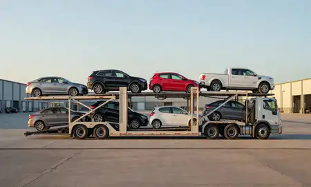 Car transporter parked in an industrial area of New Orleans, Louisiana, United States