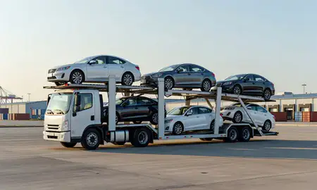 Car transporter loaded with vehicles in New Orleans, Louisiana, United States