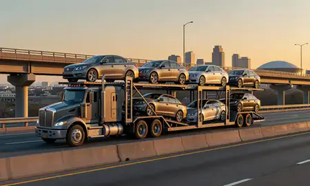 Car transporter with the New Orleans, Louisiana, United States skyline behind it