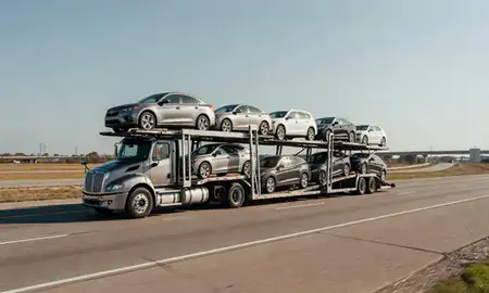 Multi-level car carrier on the highway to Prairieville, Louisiana, United States