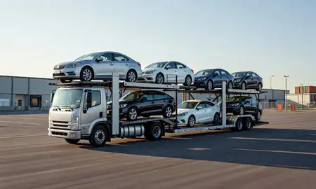 Car transporter loaded with vehicles in Prairieville, Louisiana, United States
