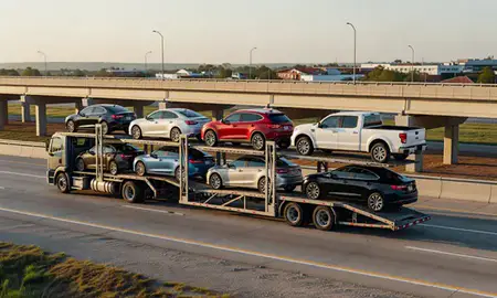 Car transporter with the Prairieville, Louisiana, United States skyline behind it