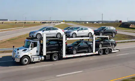Multi-level car carrier on the highway to Ruston, Louisiana, United States