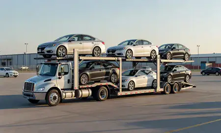 Car transporter loaded with vehicles in Ruston, Louisiana, United States