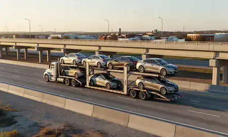 Car transporter with the Ruston, Louisiana, United States skyline behind it