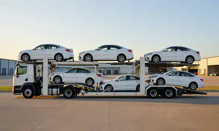 Car transporter parked in an industrial area of Shenandoah, Louisiana, United States