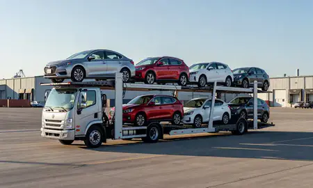 Car transporter loaded with vehicles in Shenandoah, Louisiana, United States