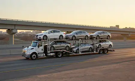 Car transporter with the Shenandoah, Louisiana, United States skyline behind it