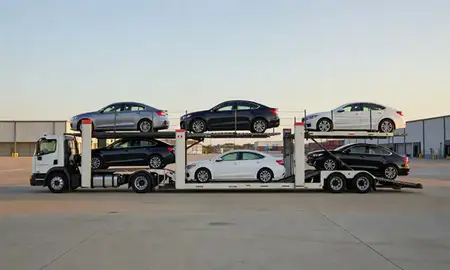 Car transporter parked in an industrial area of Shreveport, Louisiana, United States