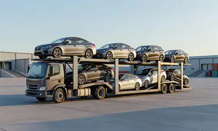 Car transporter loaded with vehicles in Shreveport, Louisiana, United States