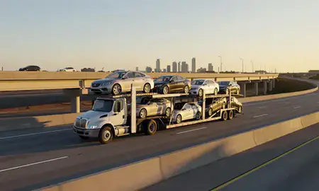 Car transporter with the Shreveport, Louisiana, United States skyline behind it