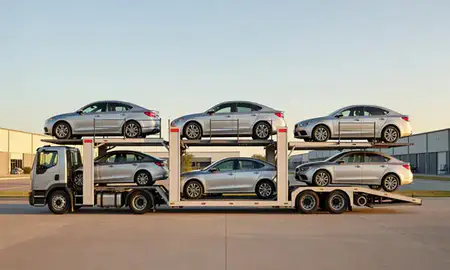Car transporter parked in an industrial area of Slidell, Louisiana, United States