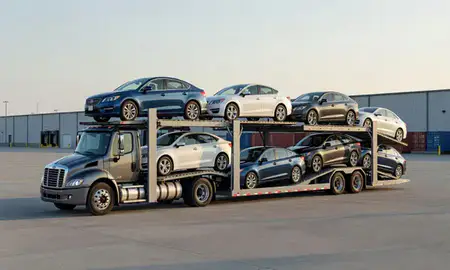 Car transporter loaded with vehicles in Slidell, Louisiana, United States
