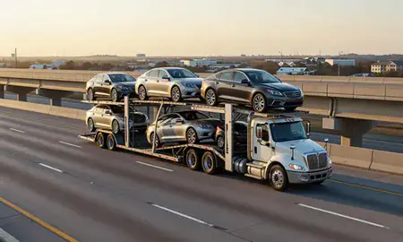 Car transporter with the Slidell, Louisiana, United States skyline behind it