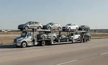 Multi-level car carrier on the highway to Sulphur, Louisiana, United States