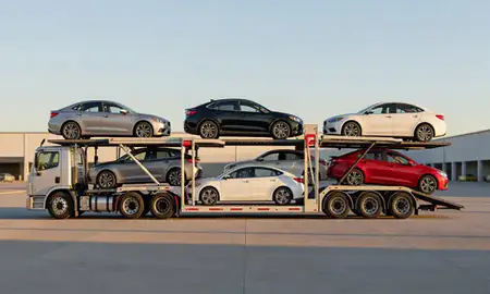 Car transporter parked in an industrial area of Sulphur, Louisiana, United States