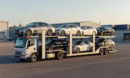 Car transporter loaded with vehicles in Sulphur, Louisiana, United States