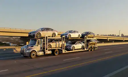 Car transporter with the Terrytown, Louisiana, United States skyline behind it