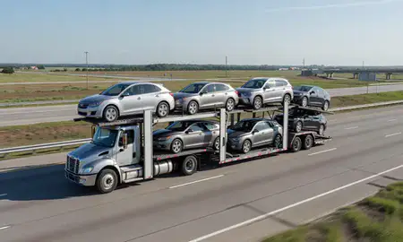 Multi-level car carrier on the highway to Zachary, Louisiana, United States