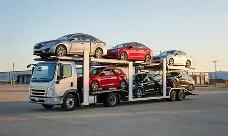 Car transporter loaded with vehicles in Zachary, Louisiana, United States