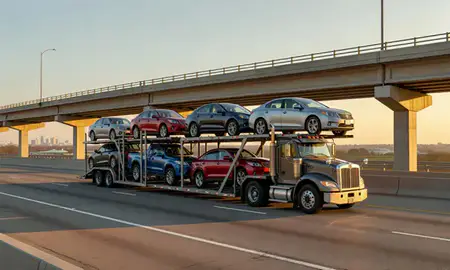 Car transporter with the Zachary, Louisiana, United States skyline behind it