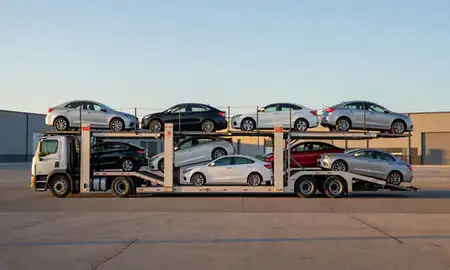 Car transporter parked in an industrial area of Maine, United States
