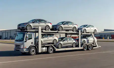 Car transporter loaded with vehicles in Maine, United States