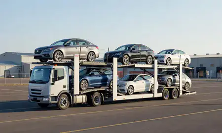 Car transporter loaded with vehicles in Augusta, Maine, United States