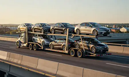 Car transporter with the Augusta, Maine, United States skyline behind it