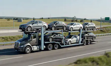 Multi-level car carrier on the highway to Bangor, Maine, United States
