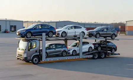 Car transporter loaded with vehicles in Bangor, Maine, United States