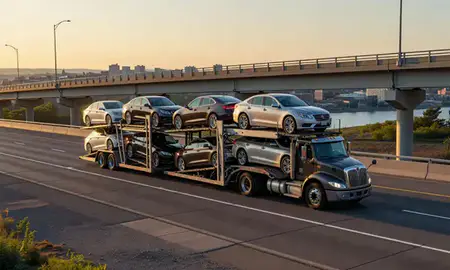 Car transporter with the Bangor, Maine, United States skyline behind it
