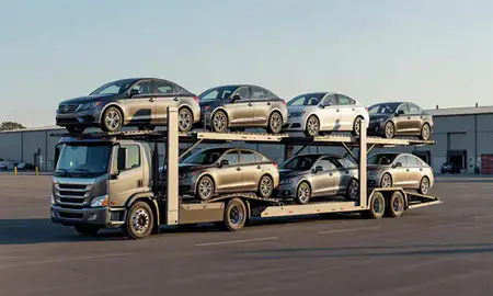 Car transporter loaded with vehicles in Bath, Maine, United States