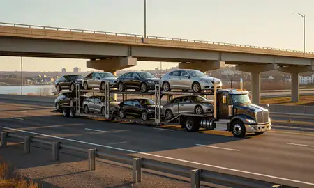 Car transporter with the Bath, Maine, United States skyline behind it