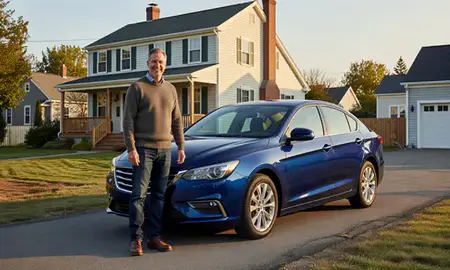 Customer with their delivered car in Belfast, Maine, United States