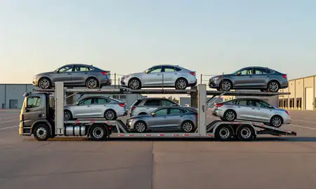 Car transporter parked in an industrial area of Belfast, Maine, United States