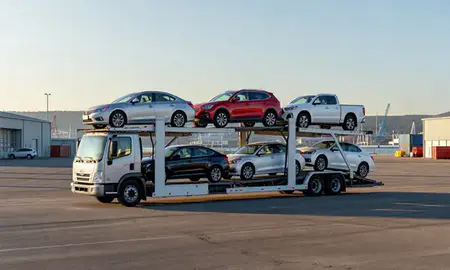 Car transporter loaded with vehicles in Belfast, Maine, United States