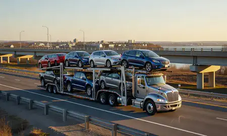 Car transporter with the Belfast, Maine, United States skyline behind it