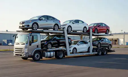 Car transporter loaded with vehicles in Biddeford, Maine, United States