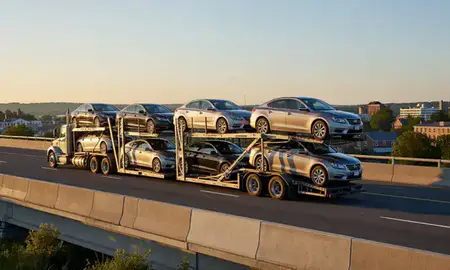 Car transporter with the Biddeford, Maine, United States skyline behind it
