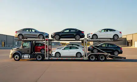 Car transporter parked in an industrial area of Brewer, Maine, United States