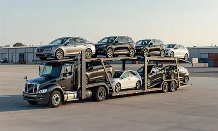Car transporter loaded with vehicles in Brewer, Maine, United States
