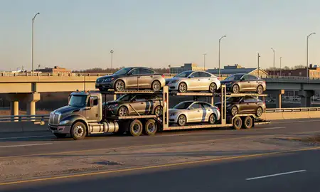Car transporter with the Brewer, Maine, United States skyline behind it
