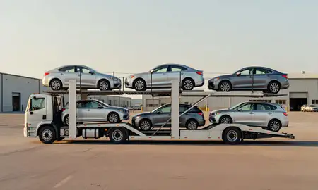 Car transporter parked in an industrial area of Calais, Maine, United States