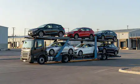 Car transporter loaded with vehicles in Calais, Maine, United States