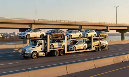 Car transporter with the Calais, Maine, United States skyline behind it