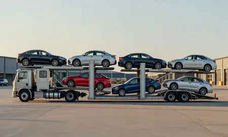 Car transporter parked in an industrial area of Caribou, Maine, United States