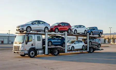 Car transporter loaded with vehicles in Caribou, Maine, United States